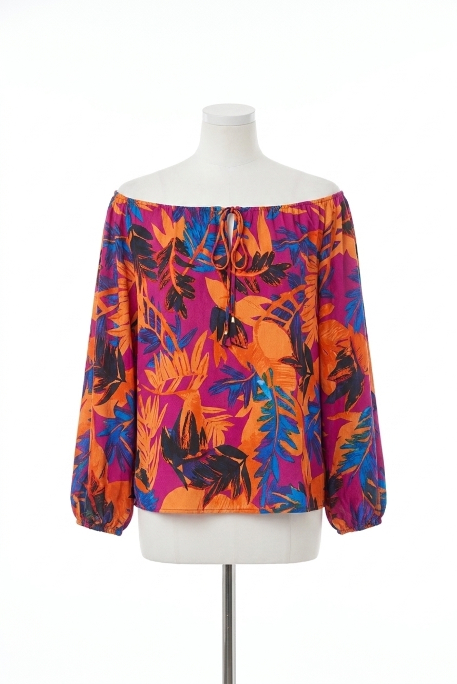 NEW JOSEPH RIBKOFF tropical print long sleeves off-shoulder top in multi